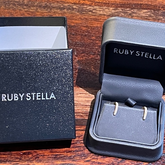 RUBY STELLA 14K YELLOW GOLD DIAMOND HUGGIE HOOPS WITH SECURITY LATCH - Picture 11 of 11